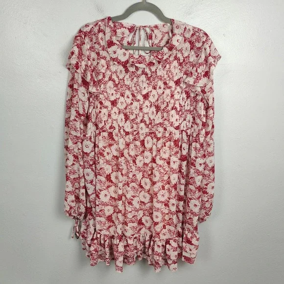 Free People These Dreams Dress Womens Medium Red White‎ Floral Mini Ruffle Trim - Picture 2 of 9